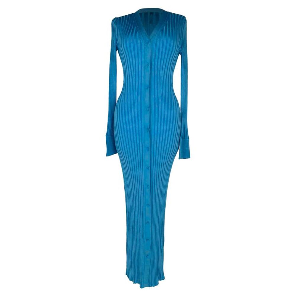 Galvan London Rhea Ribbed-Knit Maxi Dress in Blue Viscose